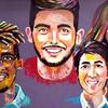 A mural painting with seven individuals. 